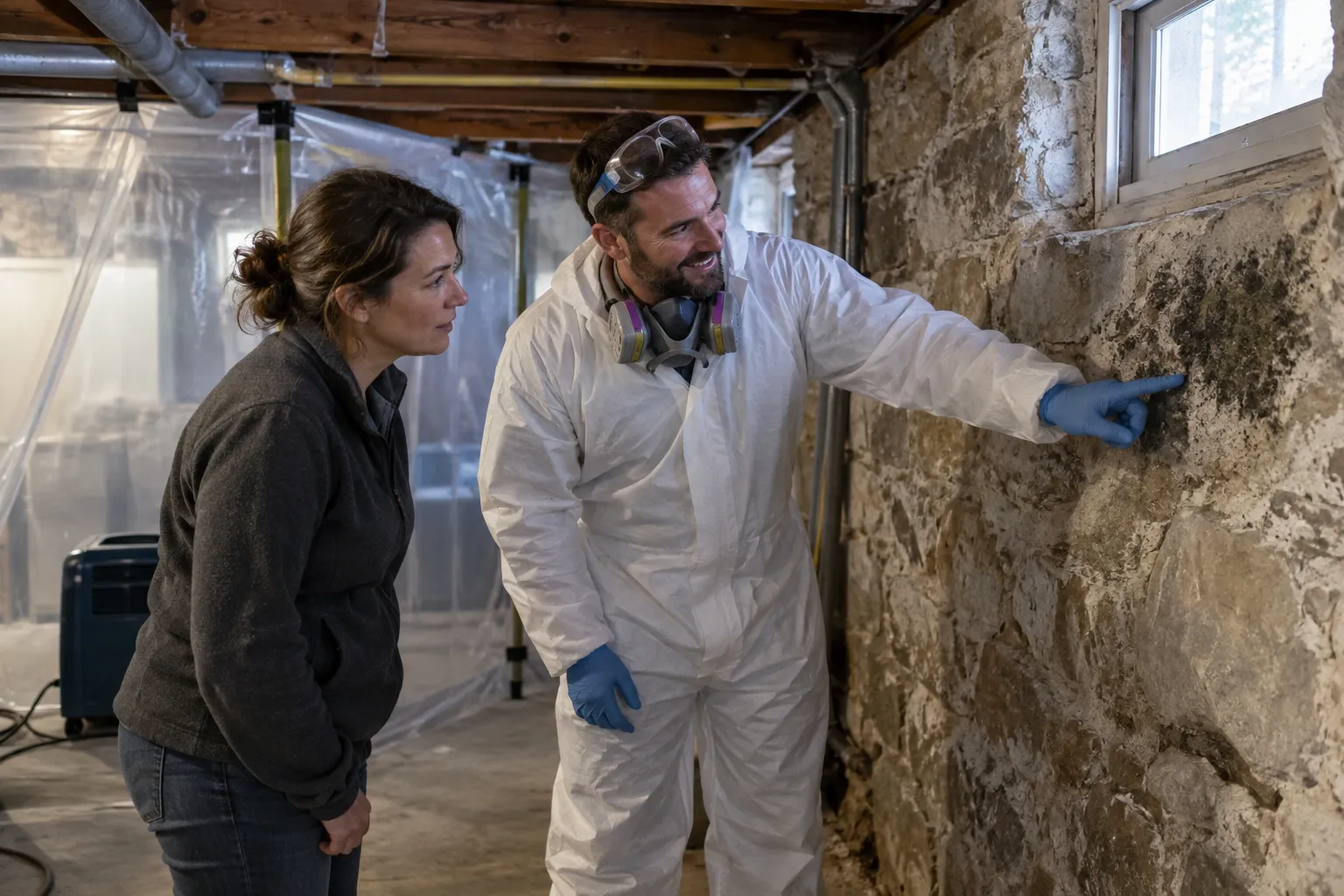 A friendly local provider and a homeowner reviewing a damp basement wall together in the Pittsburgh area