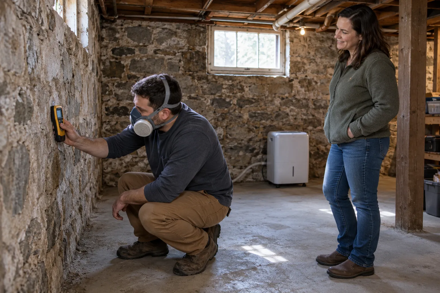 A local provider inspecting a basement wall for mold in a Pittsburgh home